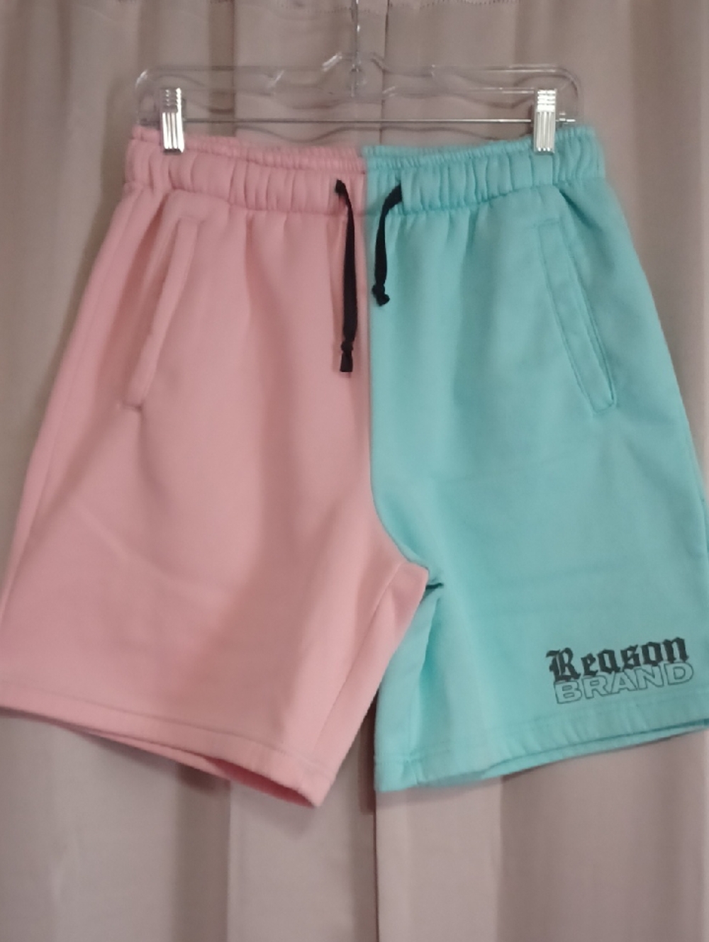 Reason Brand Two-Tone Pink & Teal Athletic Shorts Pockets Elastic Waist Unisex